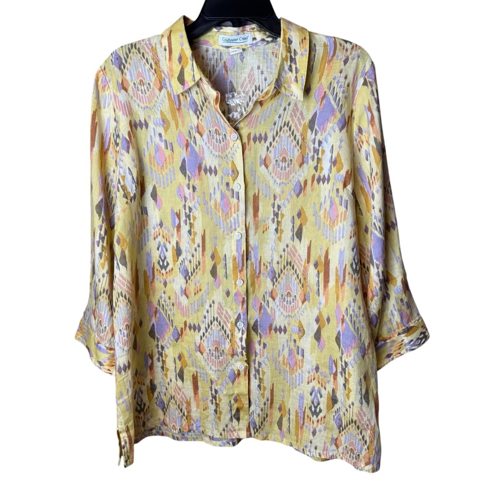 Coldwater Creek Linen Ikat Purple Yellow Button Up Shirt M